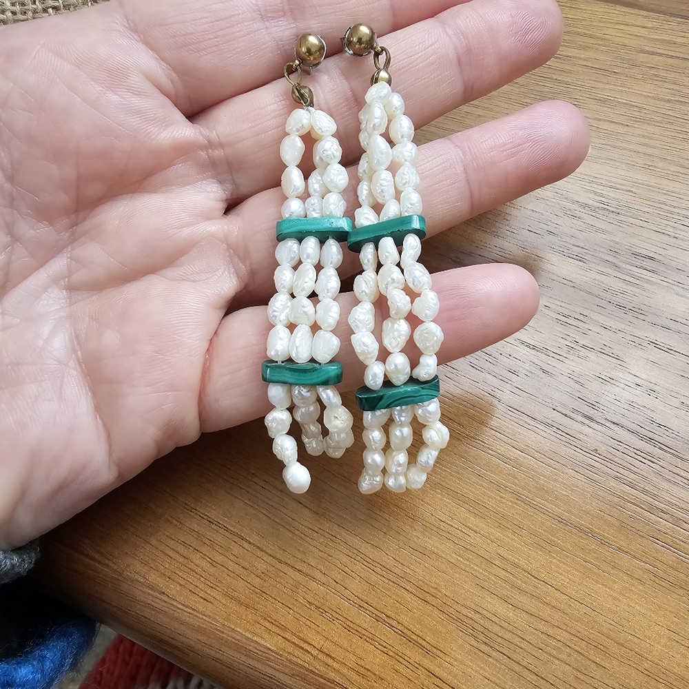 Malachite & Fresh Water Pearl Long  Multiple Row Dangle Bead Pierced Earrings
